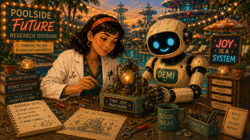 A woman in a lab coat and a robot sitting at a table tinkering with a complicated looking machine. A futuristic pool area with neon signs is in the background.