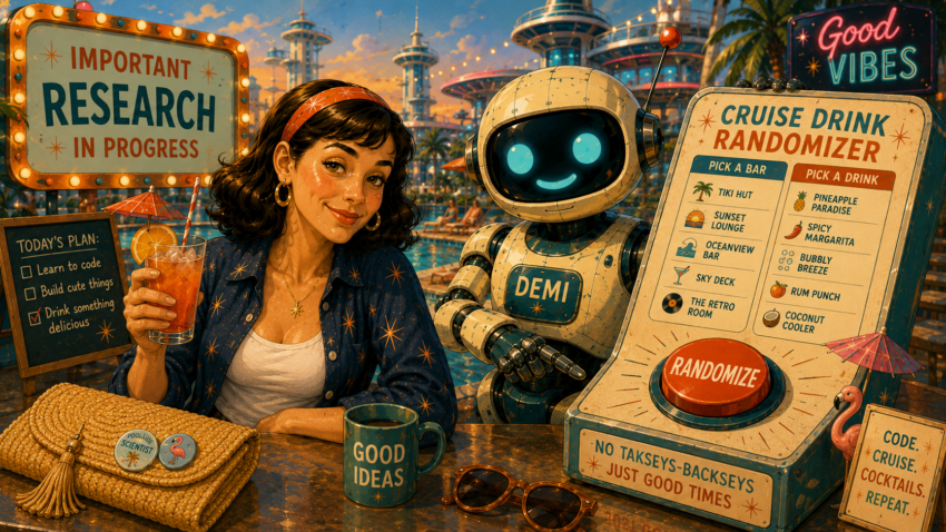 a woman and a robot sitting at a bar with a large retro computer game