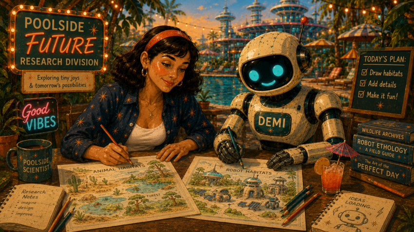 a woman and a robot drawing animal habitats
